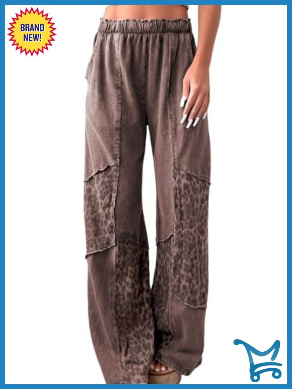 SELINK Women Patchwork Wide Leg Leopard Pants with Pockets